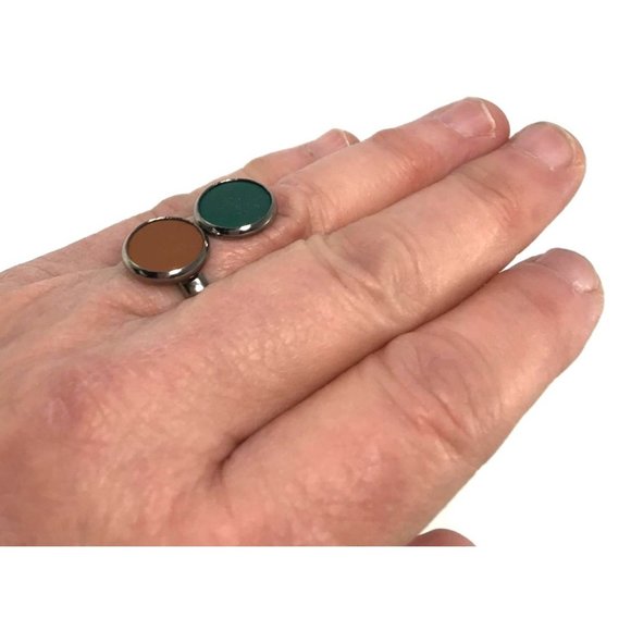 Silver Tone Leather Disc Statement Ring Adjustable Teal and Brown - Picture 2 of 6